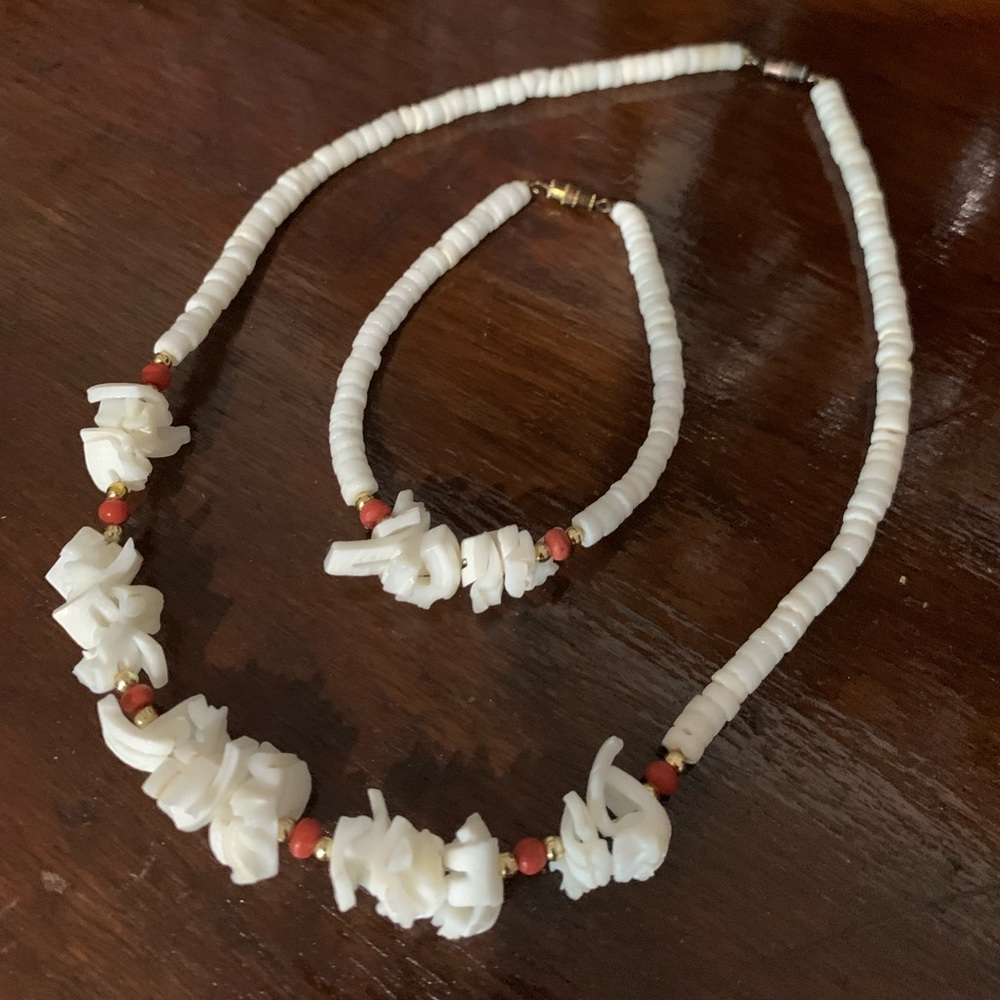 White Beach Stone Shell Necklace & Bracelet Red Coral Bead